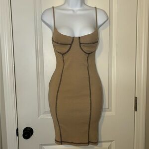 Tan Bodycon Dress with Black Detail Stitching